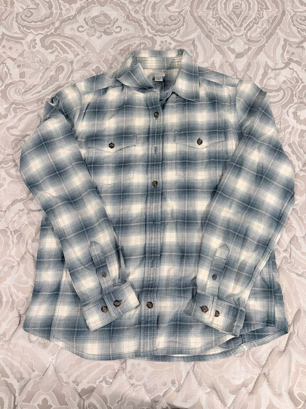 Carhartt Women's Flannel Shirt Size Medium 8/10 Blue White Plaid Dual Pockets